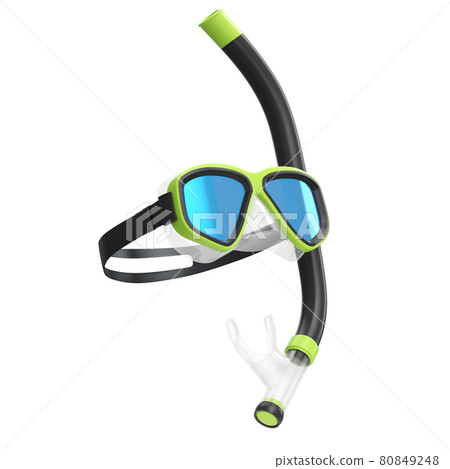 Green diving mask and snorkel isolated on a white background 80849248