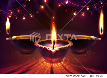 Diwali festiva background with realistic diya candles, rangoli 80849303