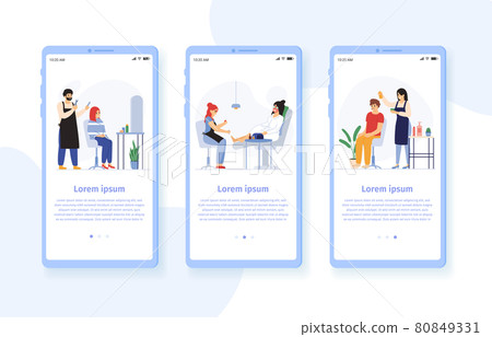 Hairdresser barbers vector mobile app set. Beauty salon for man and woman providing treatment. Fashion studio 80849331