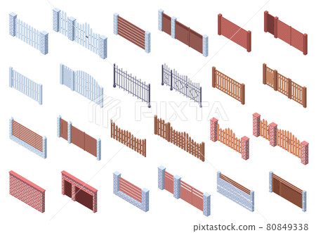 Isometric wooden stone metal architecture gate fences. Real estate, courtyard trellises, brick and wooden fences gate vector illustration set. Automatic gate fences 80849338