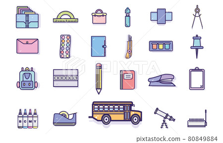 Set of different school supplies icons Set of different school supplies icons 80849884