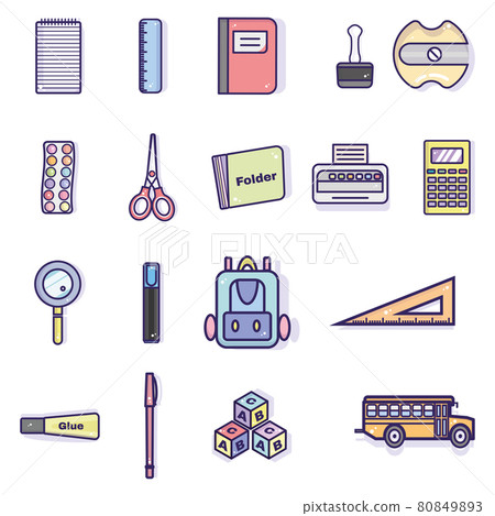 Set of different school supplies icons Set of different school supplies icons 80849893