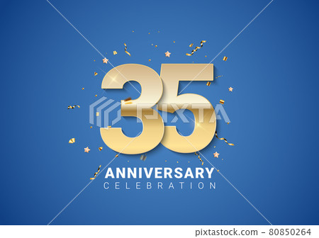 35 anniversary background with golden numbers, confetti, stars on bright blue background. Vector Illustration 80850264