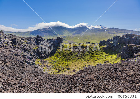 View on Snaefellsjokul volcano summit in summer during daytime 80850331