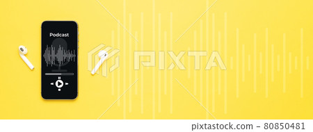 Podcast icon. Audio equipment with microphone, sound headphones, podcast application on mobile smartphone screen. Radio recording sound voice on yellow background. Broadcast media music concept. Podcast icon. Audio equipment with microphone, sound headphones, podcast application on mobile smartphone screen. Radio recording sound voice on yellow background. Broadcast media music concept. 80850481