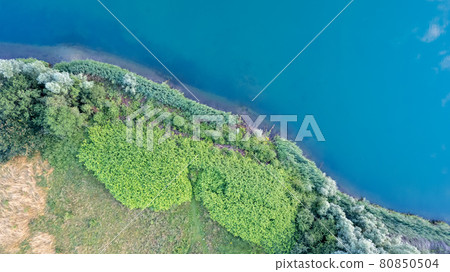 Aerial view of the trees in the woods and the beach and the blue water, beautiful clear sea water on Aerial view of the trees in the woods and the beach and the blue water, beautiful clear sea water on 80850504