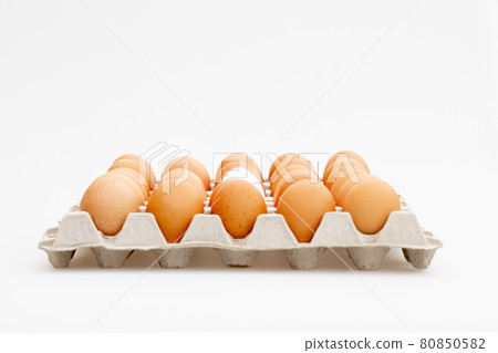 Chicken brown chicken eggs and one white in a carton box isolated on white background Chicken brown chicken eggs and one white in a carton box isolated on white background 80850582