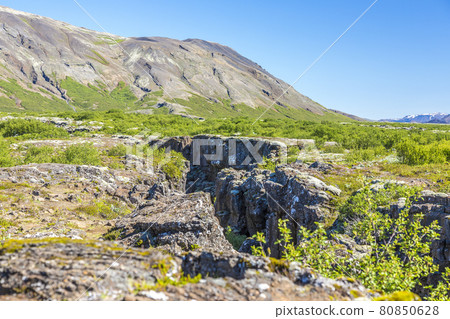 View on cliffs of continental fault of Thingvellir in Iceland on a sunny day in summer 2017 80850628
