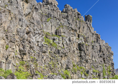 View on cliffs of Thingvellir continental fault in Iceland in summer View on cliffs of Thingvellir continental fault in Iceland in summer 80850638