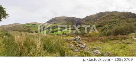Panorama picture of typical Irish landscape with green meadows and rough mountains during daytime Panorama picture of typical Irish landscape with green meadows and rough mountains during daytime 80850769