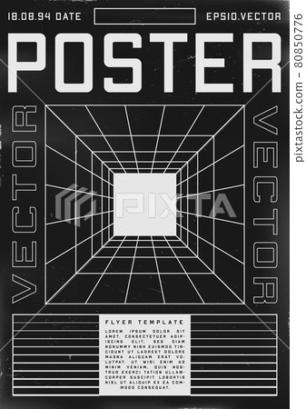 Retrofuturistic poster design with perspective grid tunnel. Cyberpunk 80s style poster with tunnel and light in the end. Shabby scratched flyer template for your design. Vector 80850776