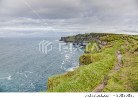 View over cliff line of the Cliffs of Moher in Ireland during daytime View over cliff line of the Cliffs of Moher in Ireland during daytime 80850883