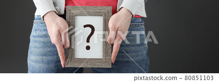 Man holds sign with question mark closeup Man holds sign with question mark closeup 80851103