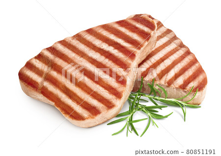 Tuna fish steak grilled isolated on white background with clipping path and full depth of field Tuna fish steak grilled isolated on white background with clipping path and full depth of field 80851191