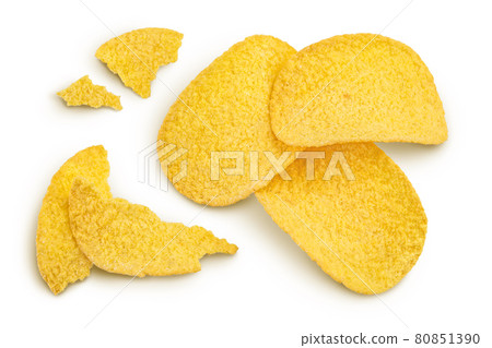 Potato chips isolated on white background with clipping path and full depth of field. Top view. Flat lay. Potato chips isolated on white background with clipping path and full depth of field. Top view. Flat lay. 80851390