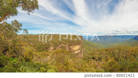 Panoramic view over the Blue Mountains in the Australian state of New South Wales during the day Panoramic view over the Blue Mountains in the Australian state of New South Wales during the day 80851421