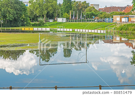 Picture of flooded soccer field during high water due to heavy rains Picture of flooded soccer field during high water due to heavy rains 80851479