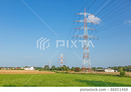 Image of large high voltage power line with warning colors with high power poles for power supply 80851488