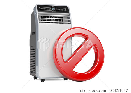 Prohibition symbol with portable air conditioner. 3D rendering Prohibition symbol with portable air conditioner. 3D rendering 80851997