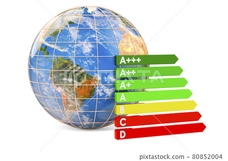 Energy efficiency chart with Earth Globe. 3D rendering Energy efficiency chart with Earth Globe. 3D rendering 80852004