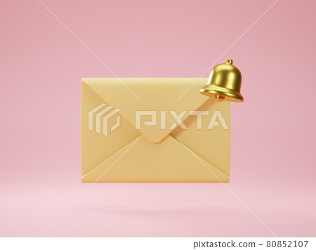 Mail envelope with golden notification bell isolated on pink background. 3d render of new e-mail message notice icon. Concept of subscription to newsletter. 3d rendering illustration of message Mail envelope with golden notification bell isolated on pink background. 3d render of new e-mail message notice icon. Concept of subscription to newsletter. 3d rendering illustration of message 80852107