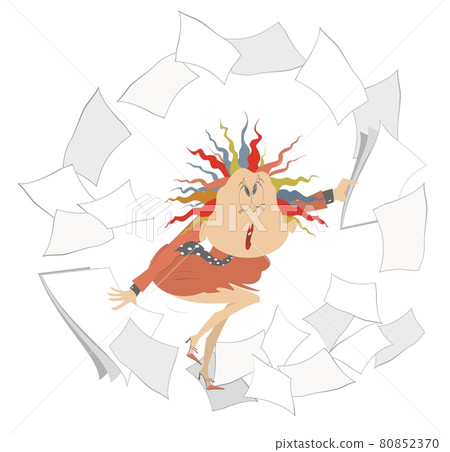 Puzzled young woman and tornado of papers. Confused woman with papers in both hands surrounded by whirl of documents and papers isolated on white 80852370