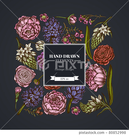 Square floral design on dark background with peony, carnation, ranunculus, wax flower, ornithogalum 80852998