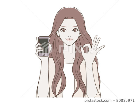 一個女人拿著智能手機,做一個 OK 標記 一個女人拿著智能手機,做一個 OK 標記 80853971
