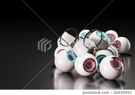 Round-shaped glasses were placed on several blue and brown eyeballs on a black floor and a dark background. The concept of eye problems and eye business concept. 80856942