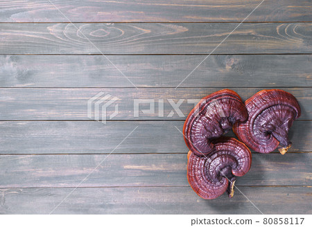 Ganoderma lucidum mushroom on wooden floor Ganoderma lucidum mushroom on wooden floor 80858117