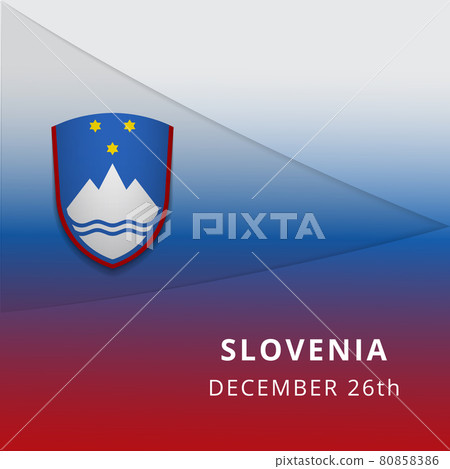 Happy Slovenia independence day celebration poster. Emblem of Slovenia. 26th of December. Vector illustration. Blue shield with stars and mountain. Graphic design template. 80858386
