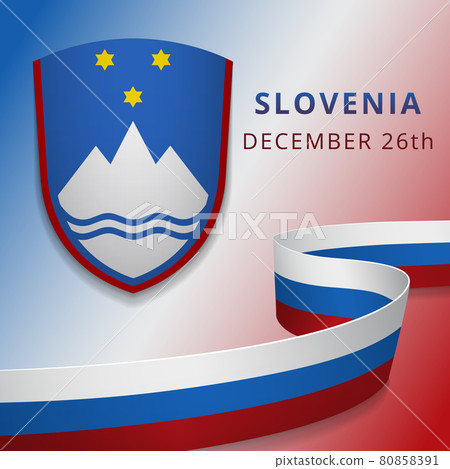 Happy Slovenia independence day celebration poster. Emblem of Slovenia. 26th of December. Vector illustration. Blue shield with stars and mountain. Graphic design template. 80858391
