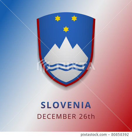 Happy Slovenia independence day celebration poster. Emblem of Slovenia. 26th of December. Vector illustration. Blue shield with stars and mountain. Graphic design template. 80858392