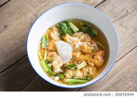 Soup bowl, Shrimp and pork dumpling soup with vegetable Asian food, Wonton soup, Thai and Chinese food 80858494