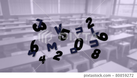 Digital composition of changing numbers and alphabets floating against empty classroom Digital composition of changing numbers and alphabets floating against empty classroom 80859272