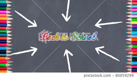 Multiple arrows over back to school text and colored pencils against grey background 80859299