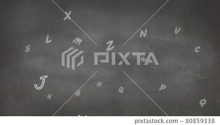 Digital image of english alphabets floating and moving against grey background Digital image of english alphabets floating and moving against grey background 80859338