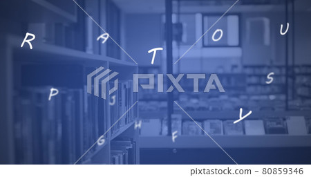 Digital composition of english alphabets floating and moving against school library Digital composition of english alphabets floating and moving against school library 80859346