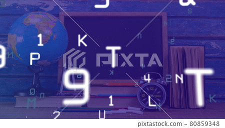 Digital composition of multiple changing alphabets and numbers against school stationary items Digital composition of multiple changing alphabets and numbers against school stationary items 80859348