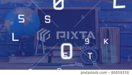 Digital composition of multiple changing alphabets and numbers against school stationary items Digital composition of multiple changing alphabets and numbers against school stationary items 80859358