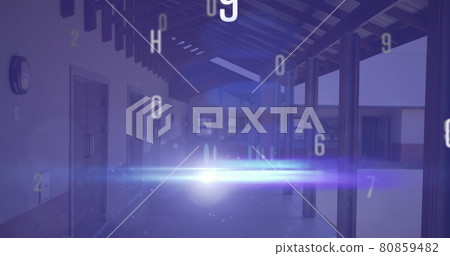 Digital composition of changing numbers and alphabets against empty school corridor 80859482