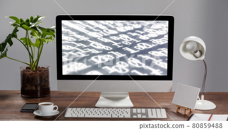 Digital composition of binary coding data processing on computer screen on wooden table Digital composition of binary coding data processing on computer screen on wooden table 80859488