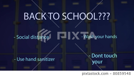 Back to school text and coronavirus concept texts against school lockers Back to school text and coronavirus concept texts against school lockers 80859548