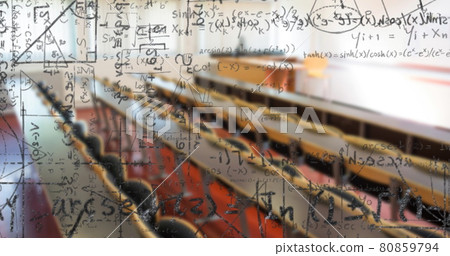 Digital composition of mathematical equations and formulas floating against empty classroom Digital composition of mathematical equations and formulas floating against empty classroom 80859794