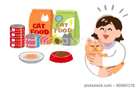 一個微笑的女人拿著她的貓和貓糧（手繪顏色） 80860176