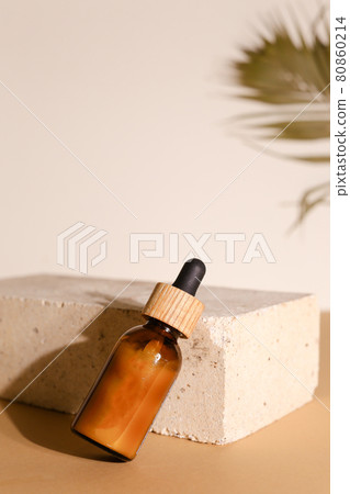 Amber glass dispenser bottle, sprayer and moisturizer cream jar. Natural cosmetic products packaging design template, branding 80860214