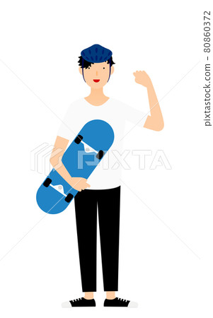 A skater man holding a skateboard with a smile - Stock Illustration ...