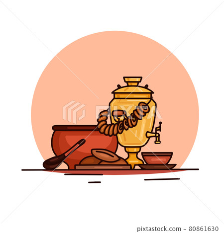 Contour illustration of traditional Russian food. Traditional cuisine of the peoples of the world. Samovar, pot of borscht, pies and bagels. Vector outline drawing 80861630