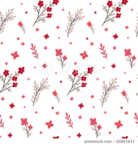 Seamless pattern with small pink flowers and stems with foliage on white background. Natural texture with sakura branches. Vector floral wallpaper. Delicate fabric Seamless pattern with small pink flowers and stems with foliage on white background. Natural texture with sakura branches. Vector floral wallpaper. Delicate fabric 80861631