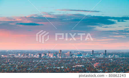 Adelaide city skyline at dusk 80862243